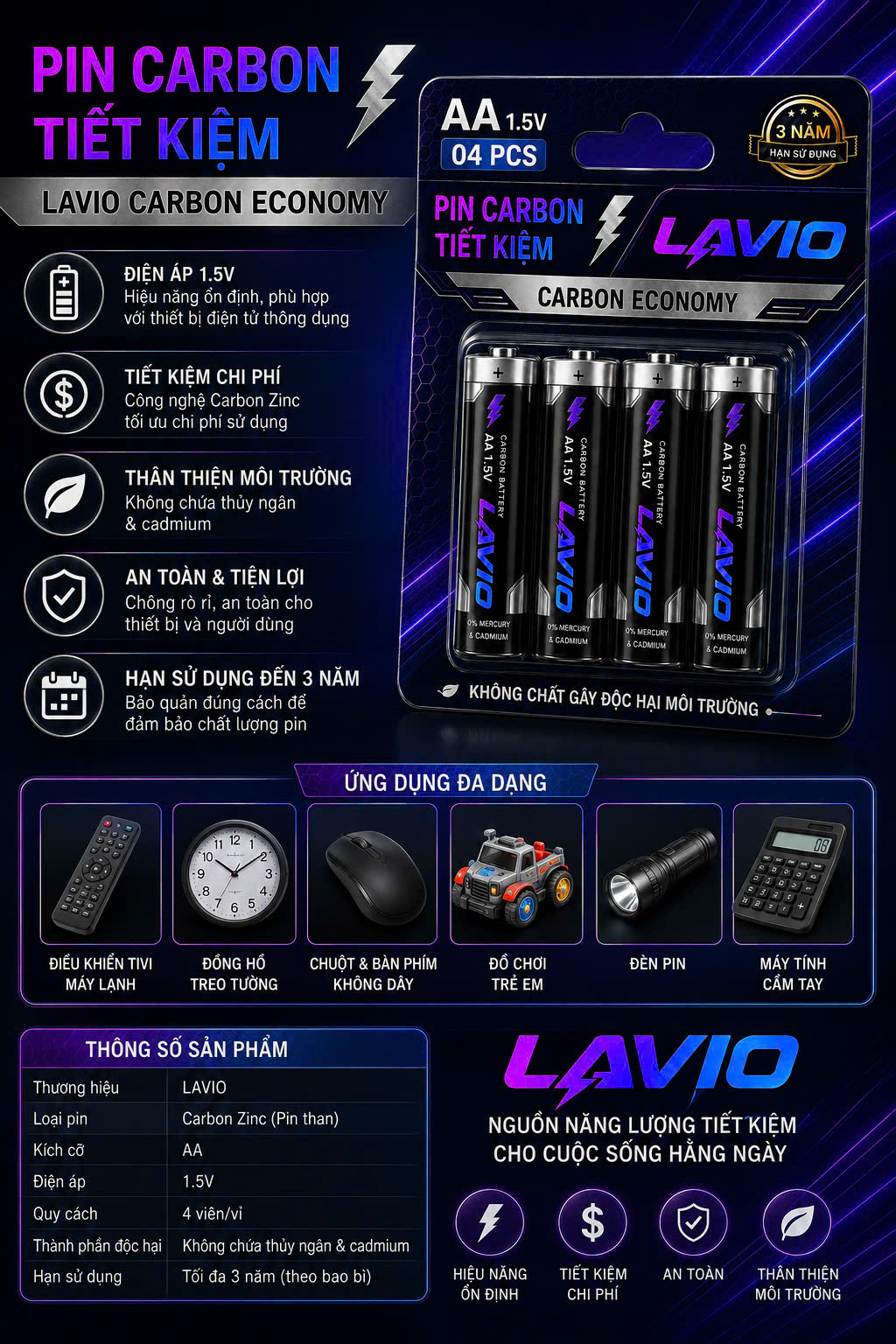 Pin Carbon Tiết Kiệm LAVIO AA 1.5V - Ảnh 2